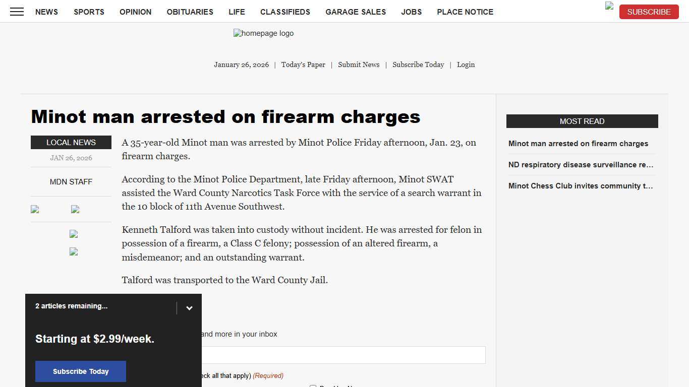 Minot man arrested on firearm charges News, Sports, Jobs - Minot Daily News