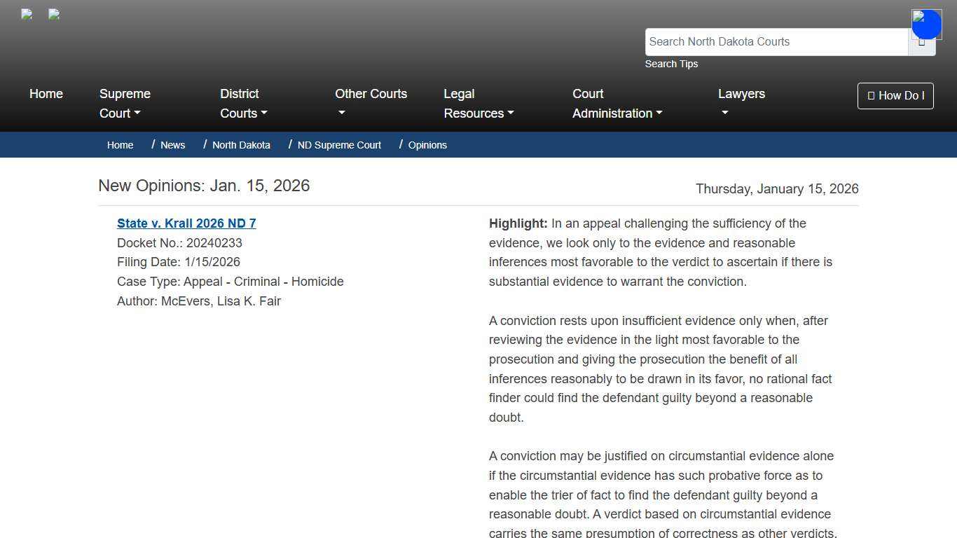 North Dakota Court System - New Opinions: Jan. 15, 2026